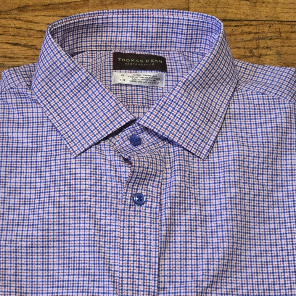 THOMAS DEAN New Mens Performance Shirt Blue Check Nylon Spandex XLarge